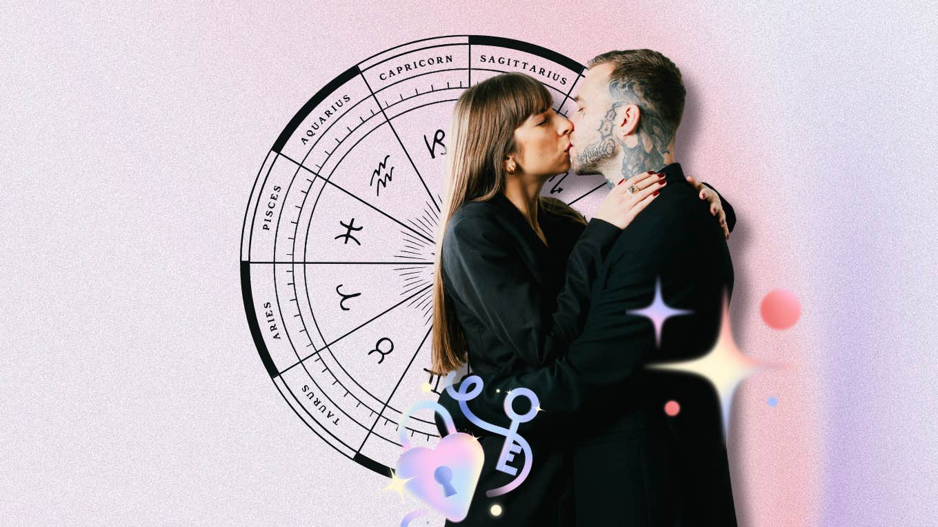 couple kissing and zodiac wheel