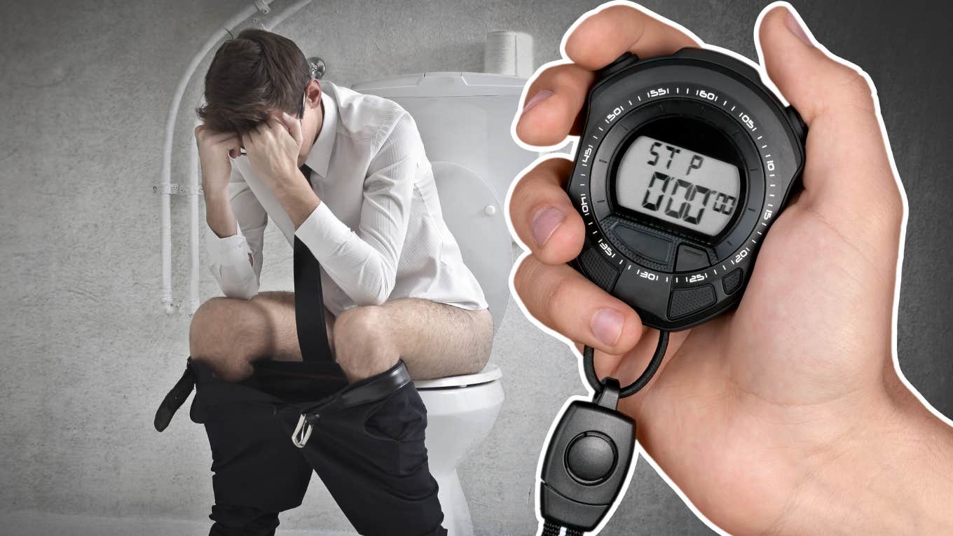 Micromanaging Bosses Put Time Limits On Workers' Poops With Bizarre Bathroom Notice guy pooping with stopwatch