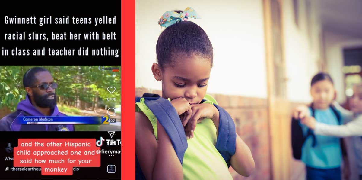 Georgia Teacher Under Investigation After Failing To Act When A Little Girl Was Whipped & Called A 'Slave' By Bullies Dad talking to news, young girl being bullied