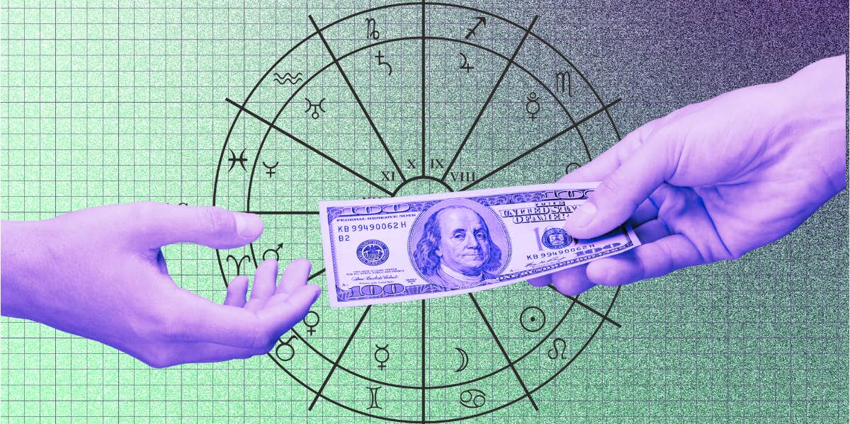 hands touching a 100 dollar bill, astrology house wheel