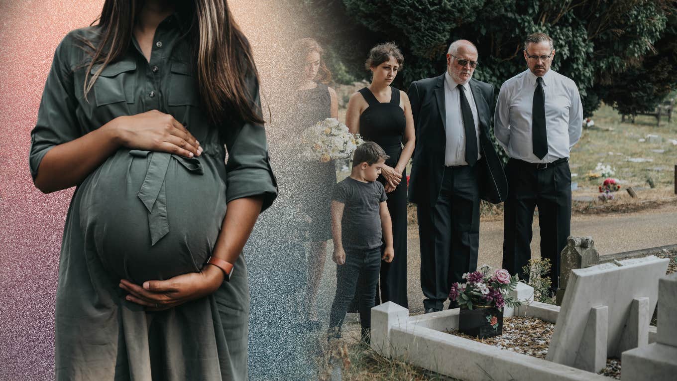 pregnant woman holding belly and family at cemetary