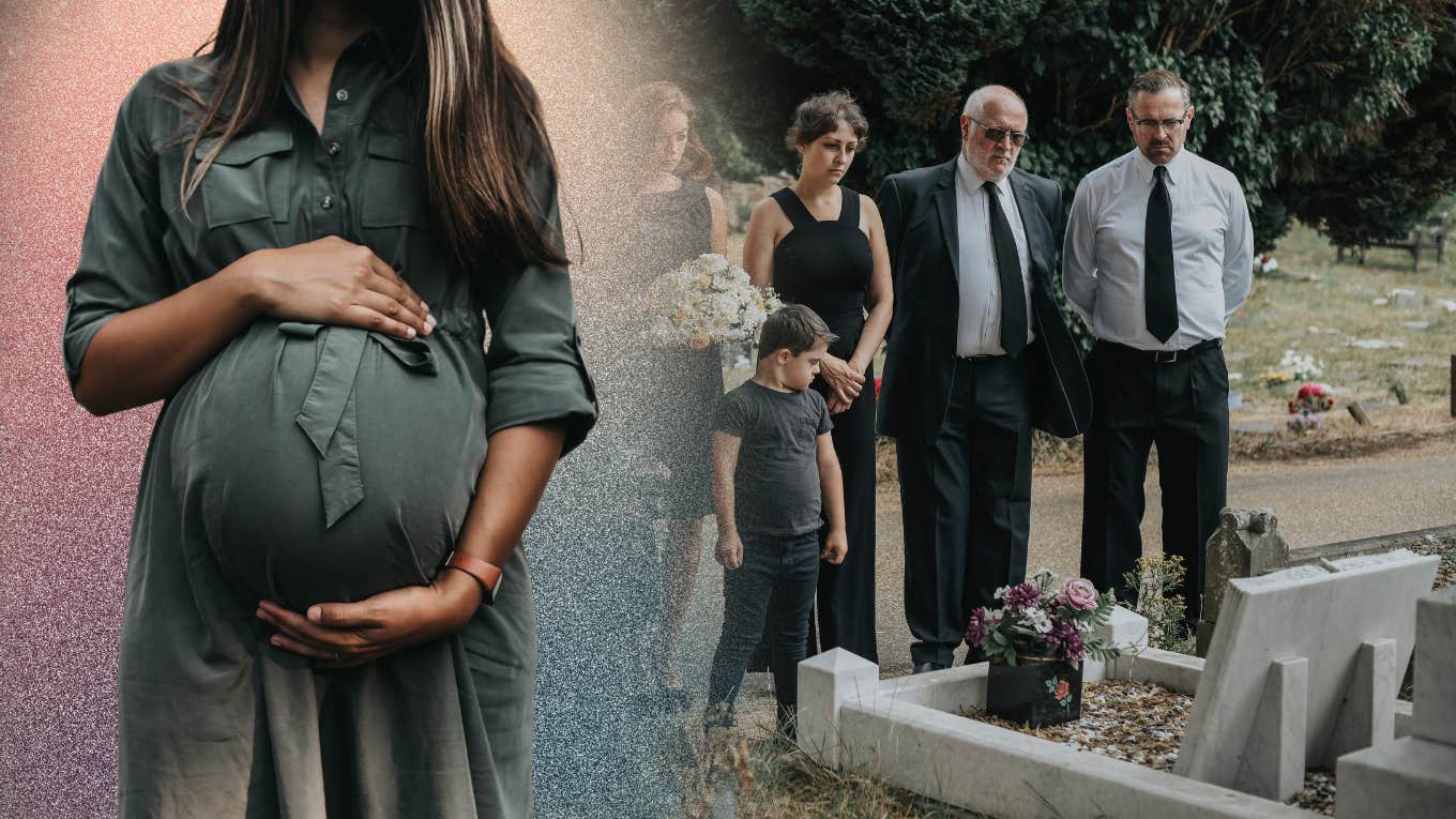 Man Reveals Daughter-In-Law Is Pregnant After His Son Passed Away pregnant woman holding belly and family at cemetary