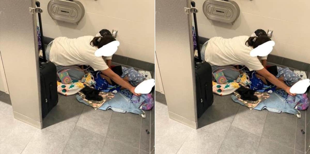 Woman Steps In After Finding Mom & Kids Sleeping On Airport Floor While Struggling To Get Home Mom and kids on bathroom floor