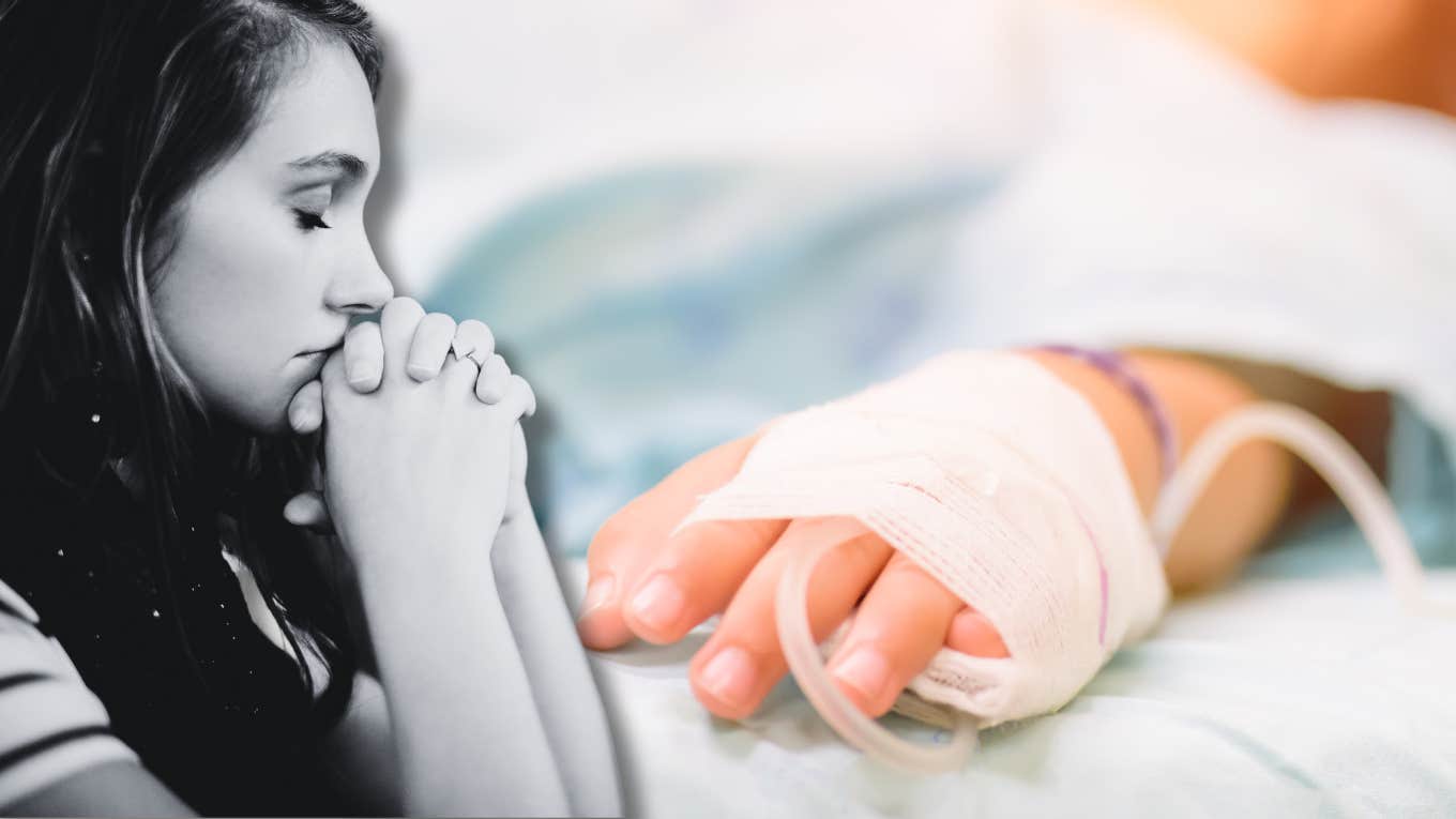upset woman and small hand in hospital bed
