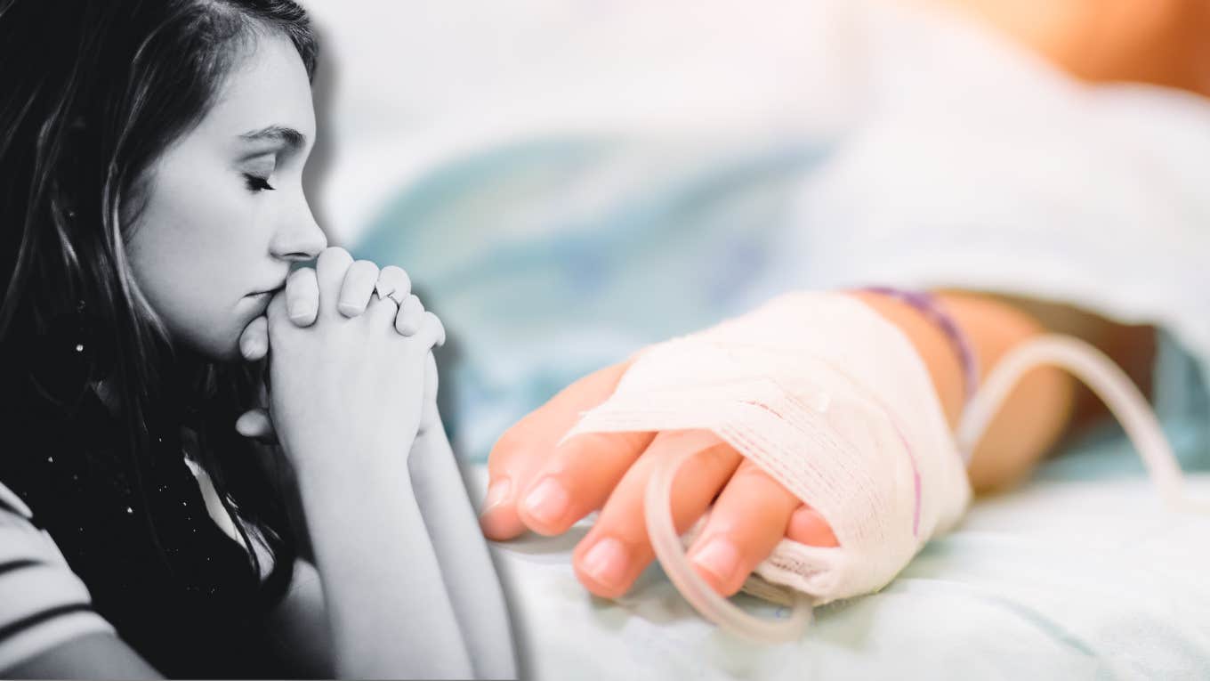 Mom Feels Like A Failure After Missing Signs Of Serious Illness In Her Son upset woman and small hand in hospital bed