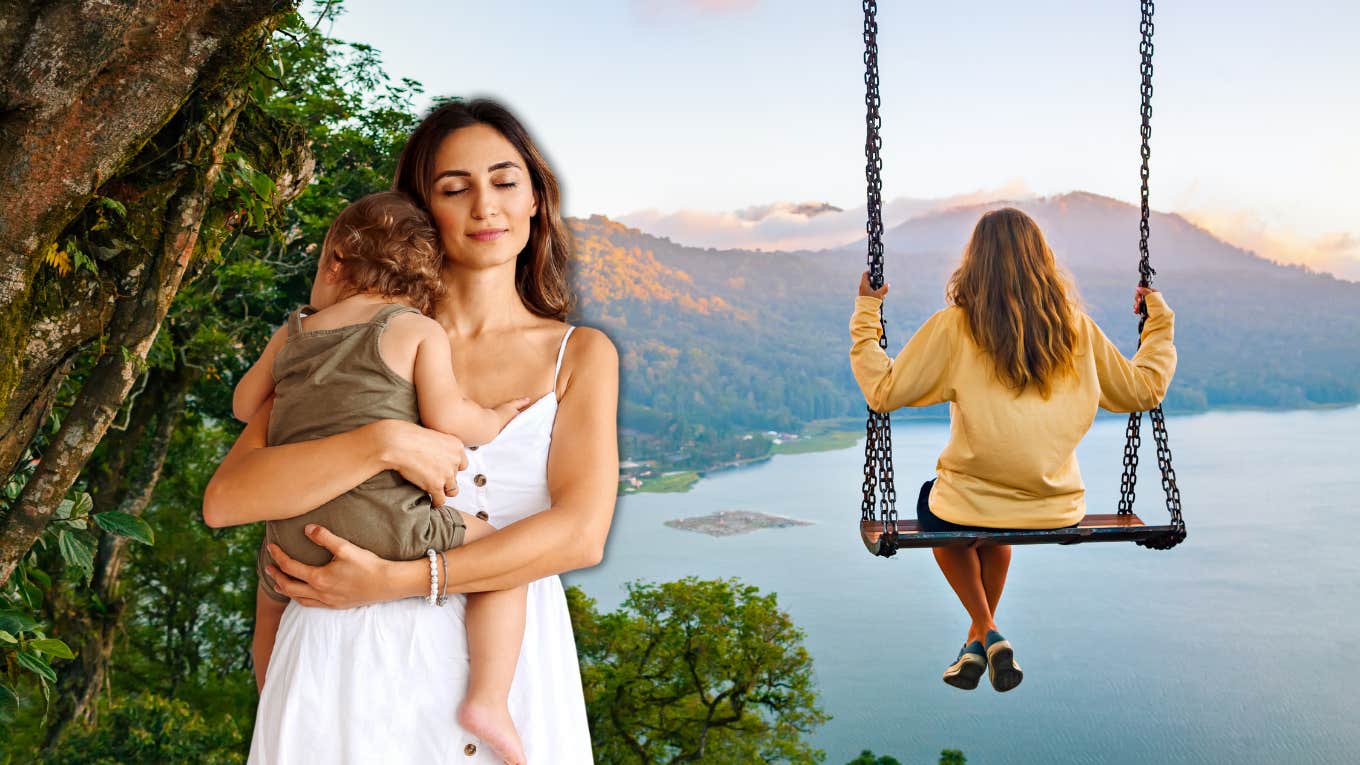 mom holding baby while girl swings in the background