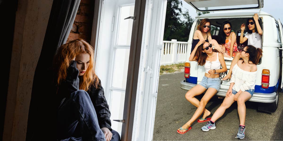 woman looking upset while sitting on a window ledge, women sitting in the back of a van