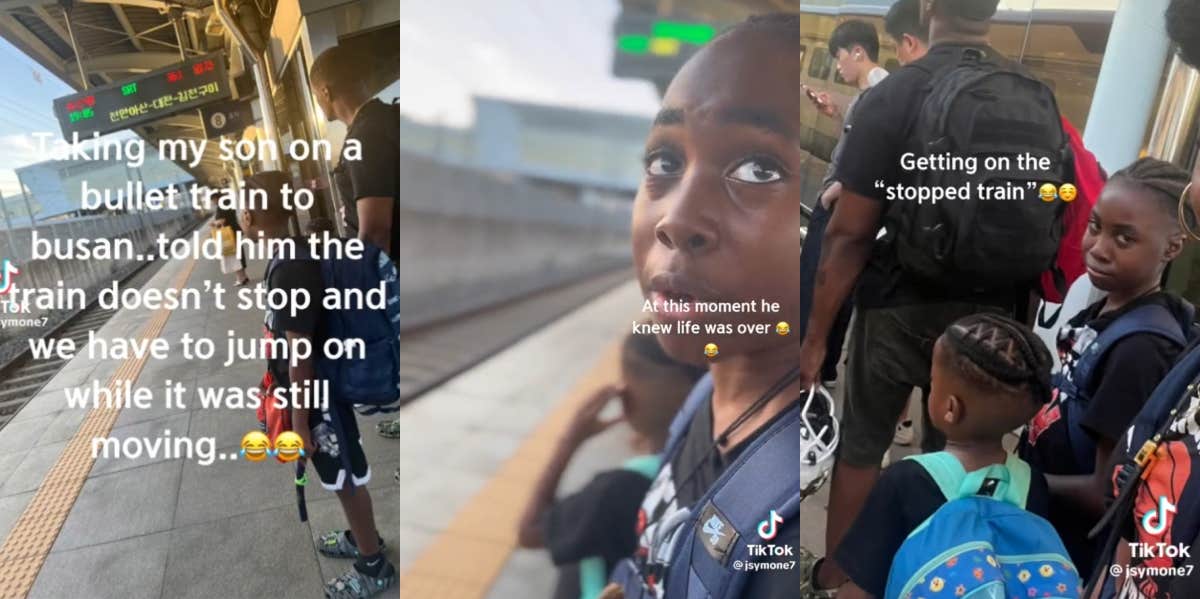Mom pranks her son by telling him to jump on the train