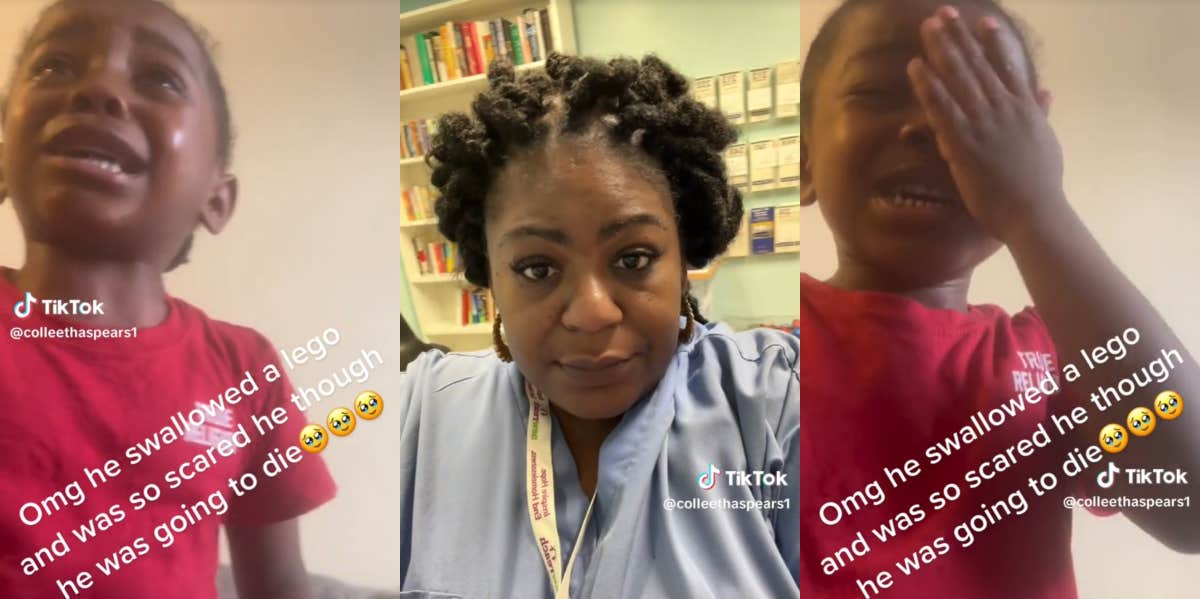 Mom Records Her Son's Reaction To Swallowing A Lego And Asking Her To Call The Doctor Child crying after swallowing Lego TikTok
