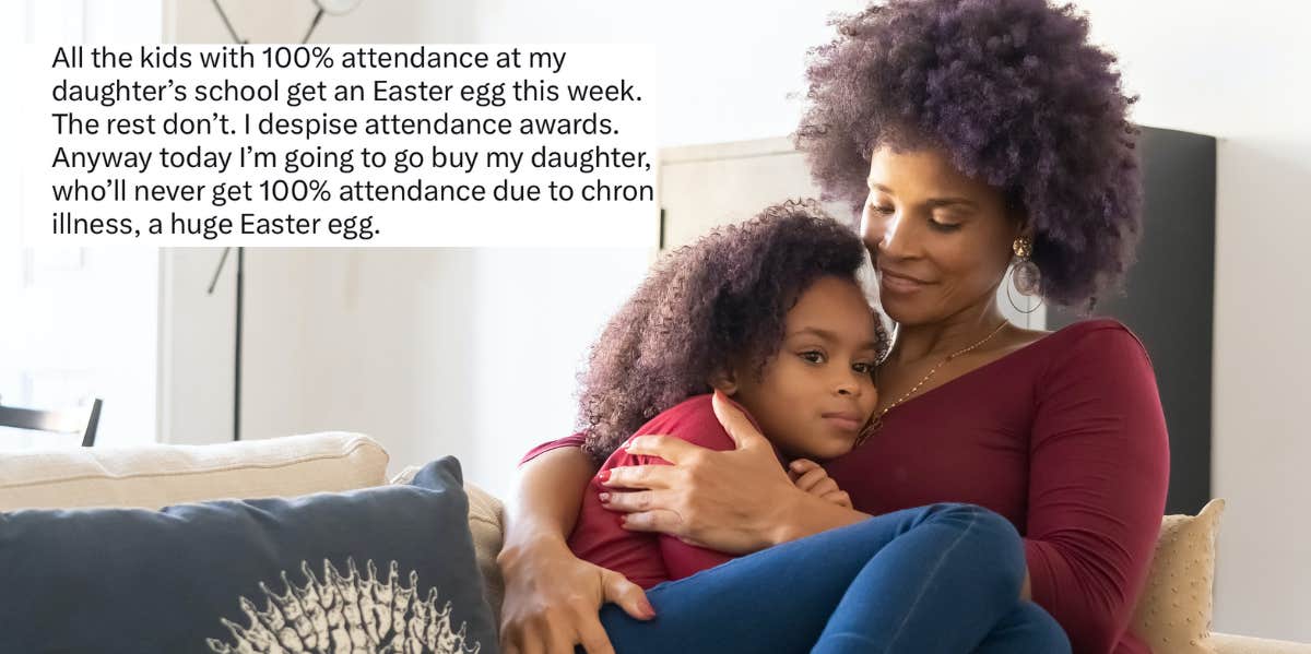 Mom Calls Out Attendance Awards After Her Chronically Ill Daughter Was Excluded Mom embracing her daughter, tweet about attendance awards
