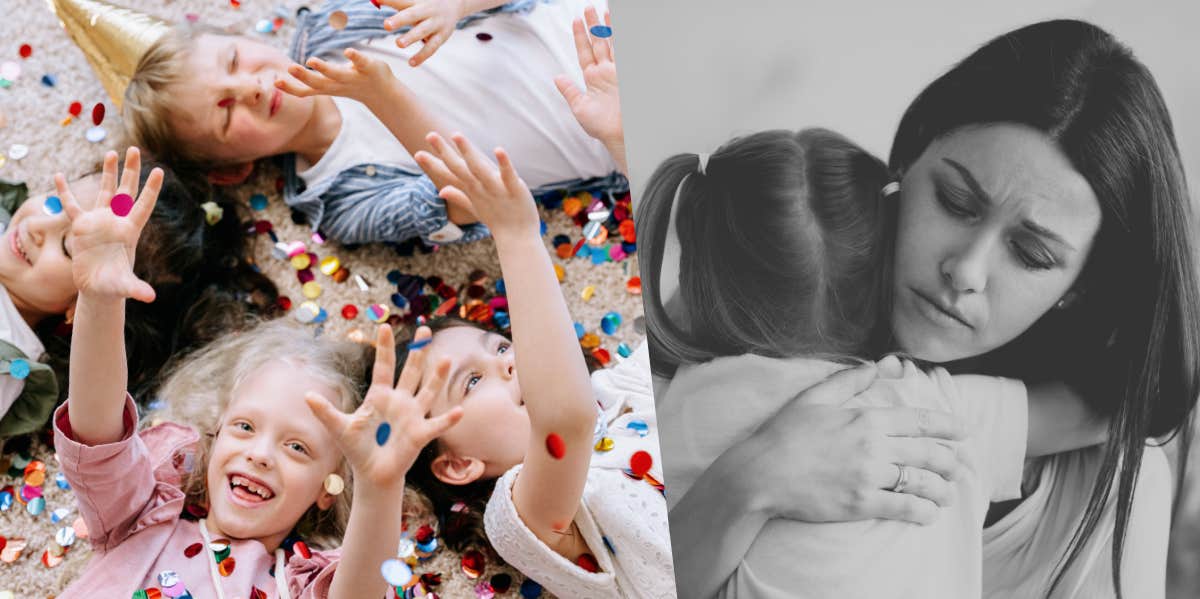 Mom Says It's Cruel Not To Invite Her Daughter's School Bully To Her Birthday Party children laying on floor while at a birthday party, worried mom comforting young daughter