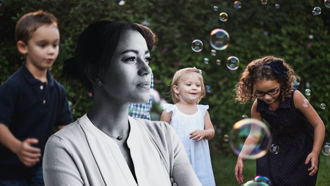 Mom Explains Why She Loves But Doesn't Like Her Kids thinking woman and kids playing