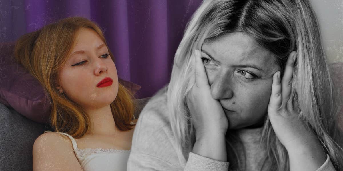 Mom Doesn't Want Her 22-Year-Old Daughter To Move Back In With Her Because She Doesn't Have The Emotional Capacity For Her stressed overwhelmed mother and adult daughter lying on couch