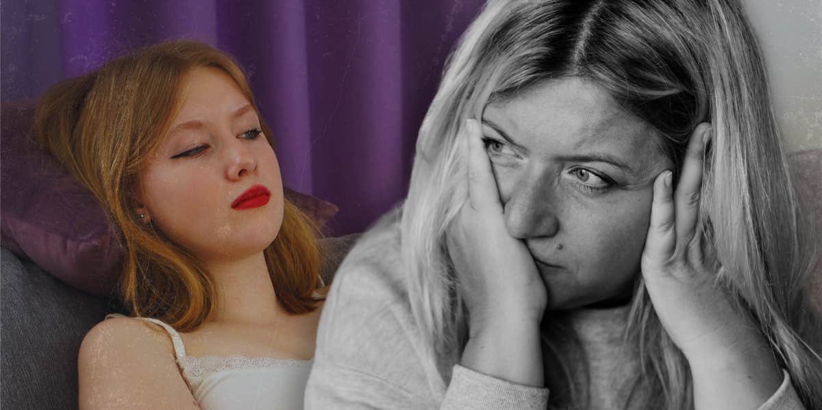 stressed overwhelmed mother and adult daughter lying on couch