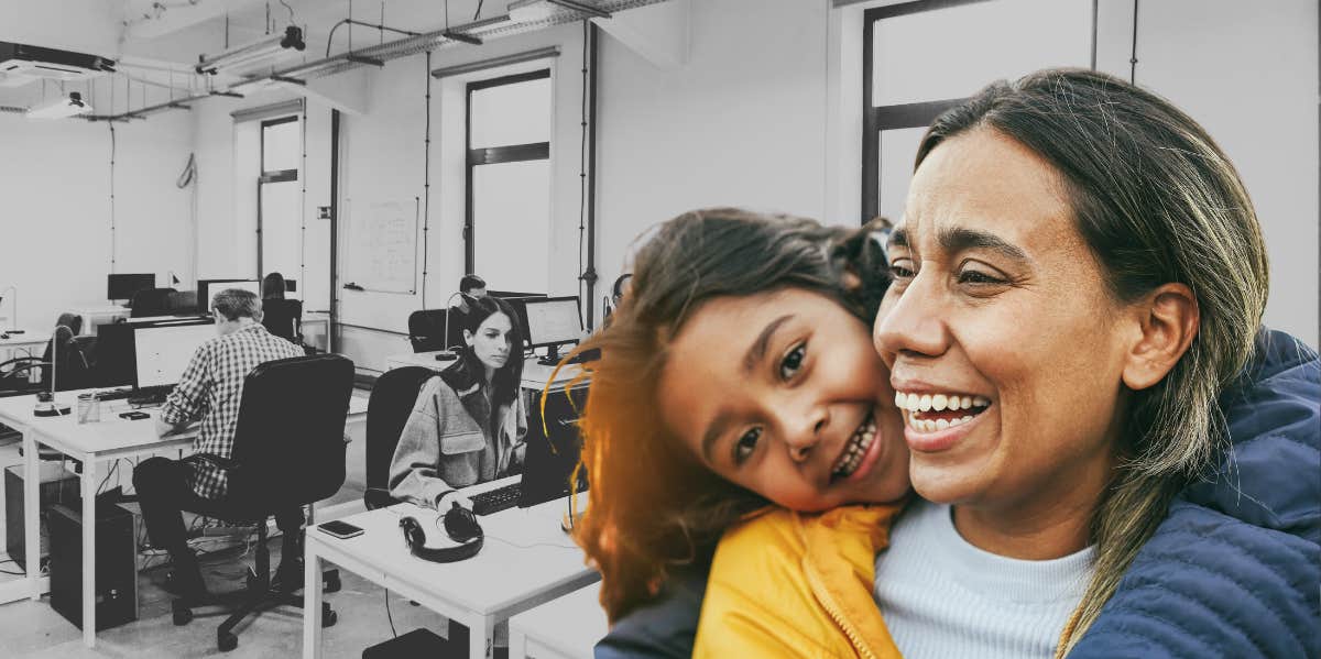 woman and daughter hugging, people working in office