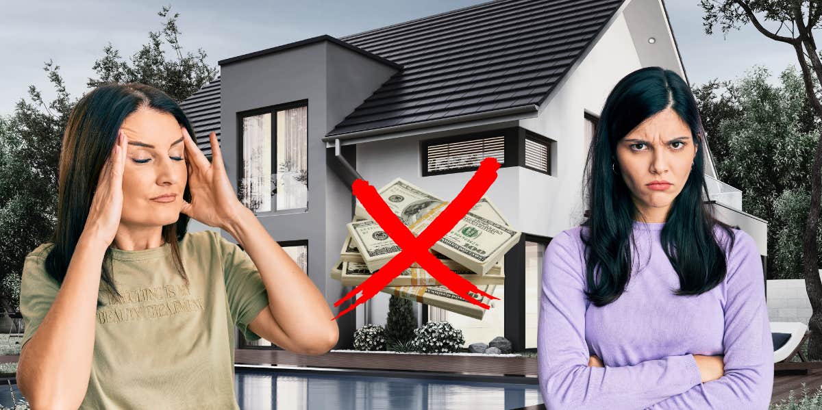 woman with hand on head feeling stressed, young woman with disapproving expression and arms crossed, house, money with x over it