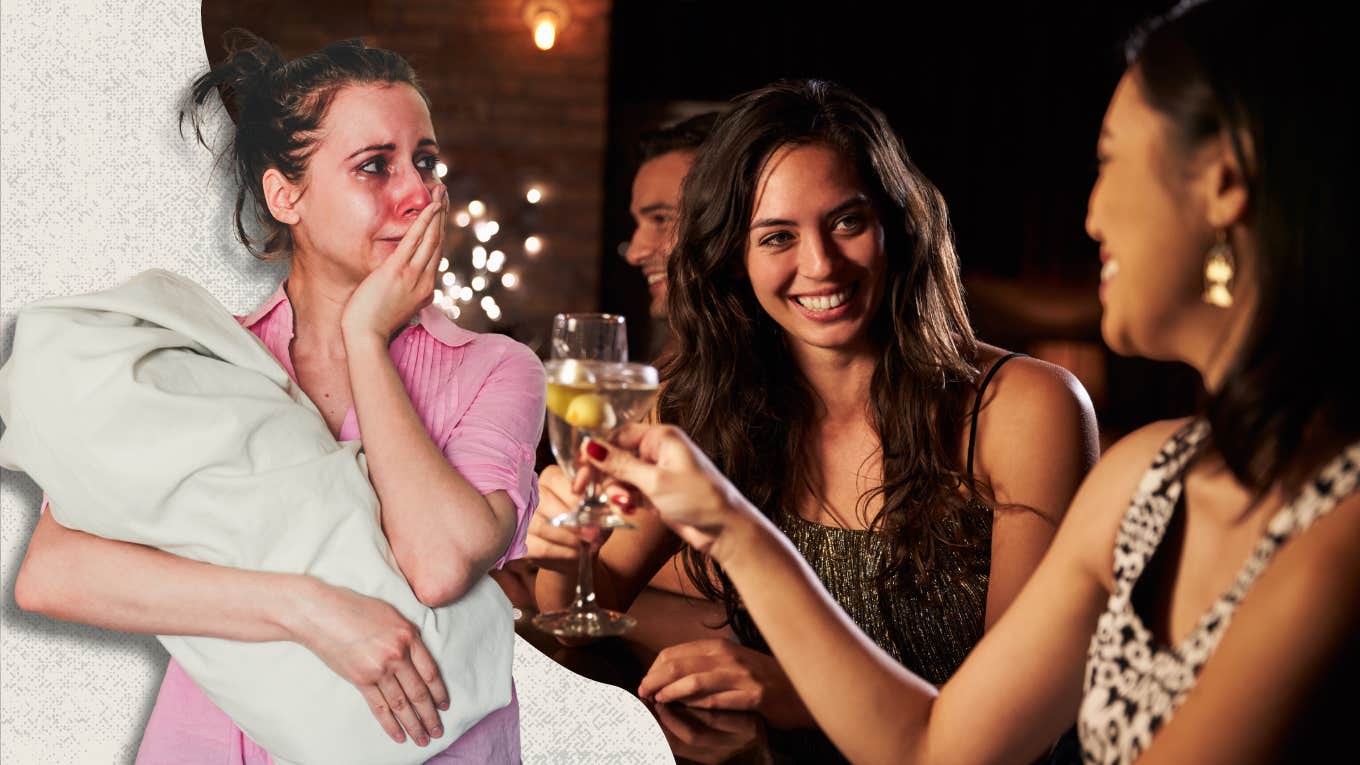 Mom Feeling Excluded By Childfree Friends Demands They Make More Accommodations For Her crying mom holding baby and two female friends smiling at a bar