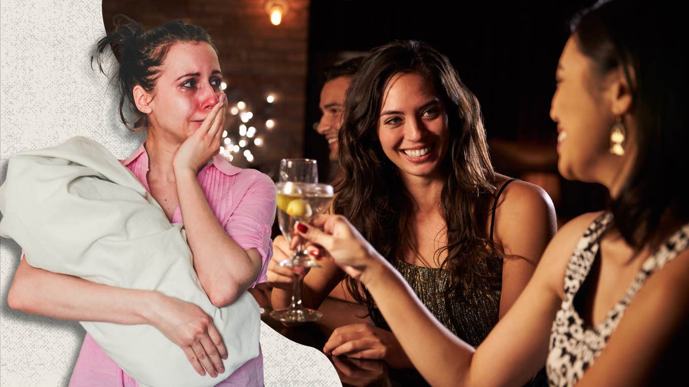 crying mom holding baby and two female friends smiling at a bar