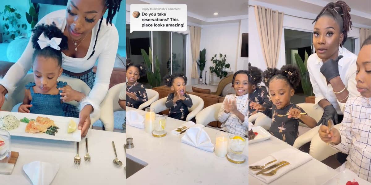 A Mom's At-Home Dining Experience For Her Kids Blows Up On TikTok Mom serving kids fancy dinner