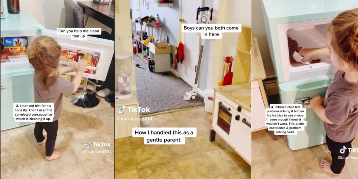 Mom Gave Her 3-Year-Old Son His Own Fridge & Kitchen That He Is Responsible For Cleaning & Maintaining Toddler cleaning up mess in fridge on TikTok