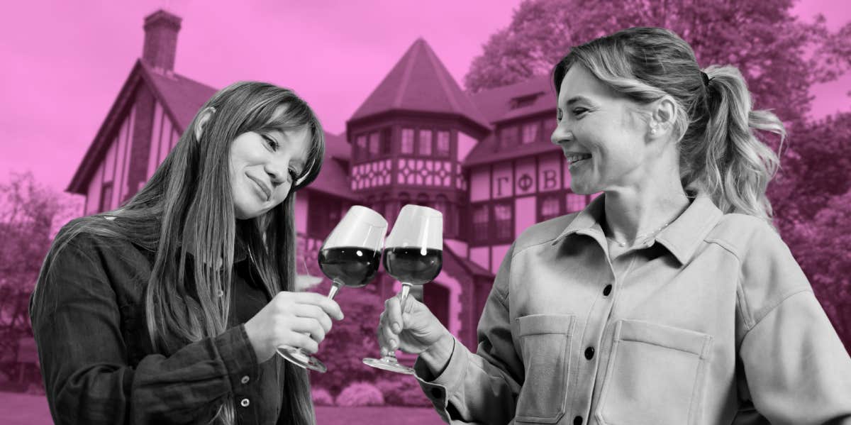 Mom Gets Backlash For Staying Inside Sorority House With College-Aged Daughter During Rush mom and daughter toasting with wine