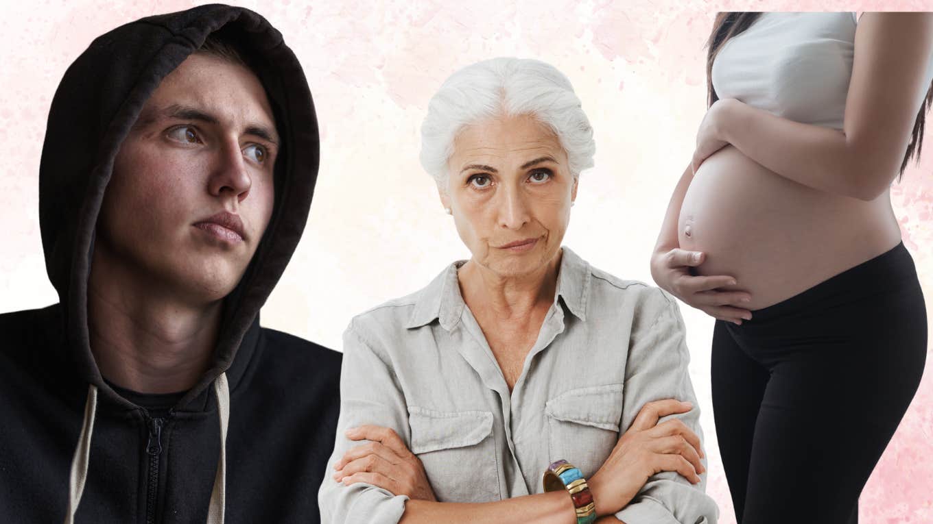 angry mother with her arms crossed, teenage boy upset, pregnant belly