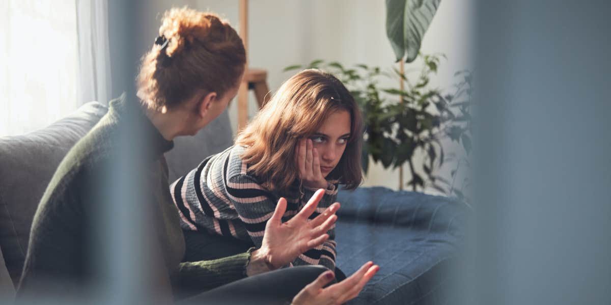 Single Mom Grounds Her Oldest Daughter After She Leaves Her Youngest Sister With Their Neighbor To Party Instead Of Babysitting Teenage girl in difficult mood with angry mom