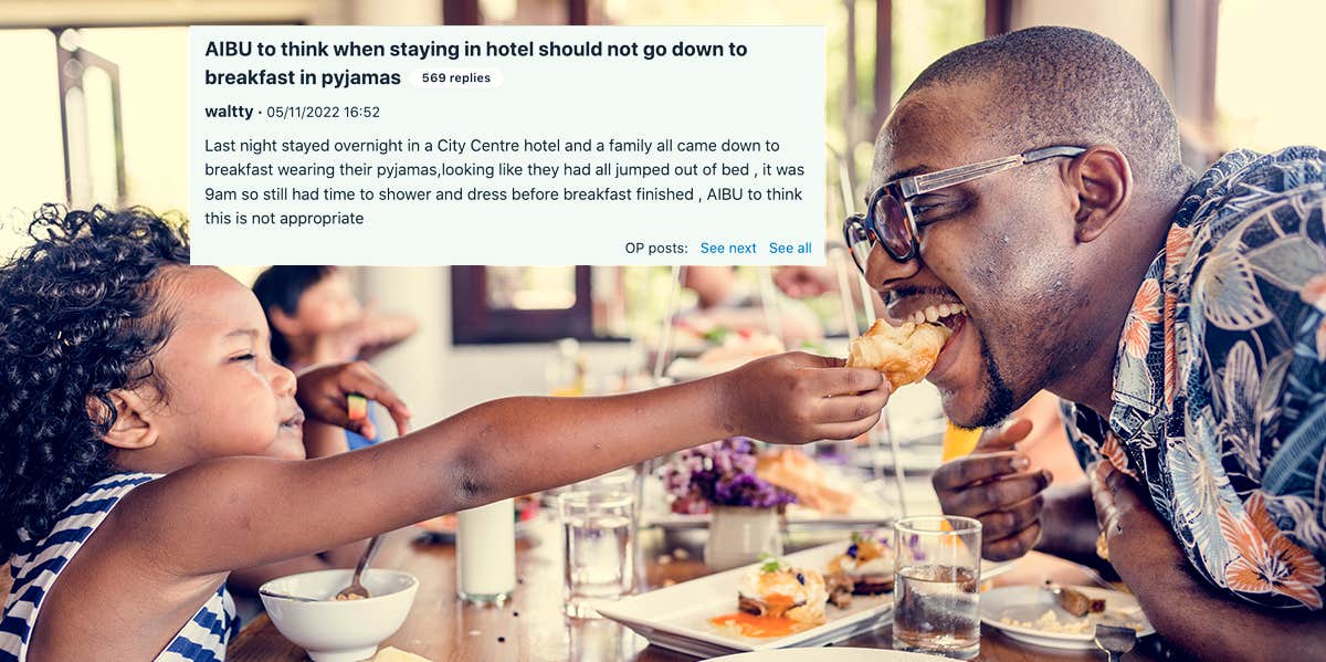 A photograph of a laughing girl feeding her dad a bread roll, screenshot