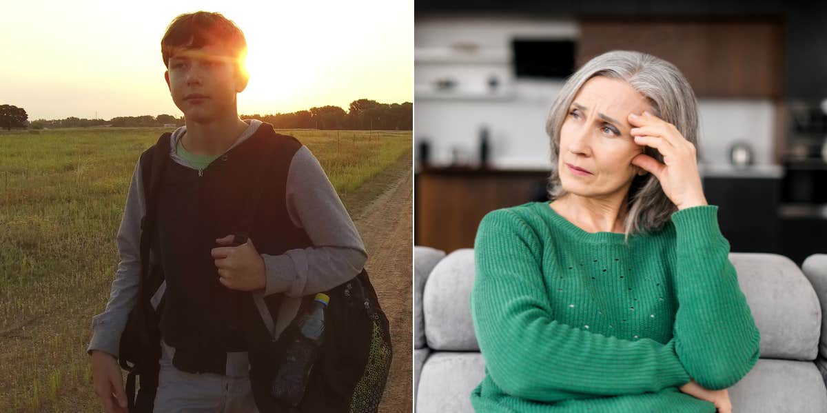 Teen boy walking outside, middle age woman looking sad