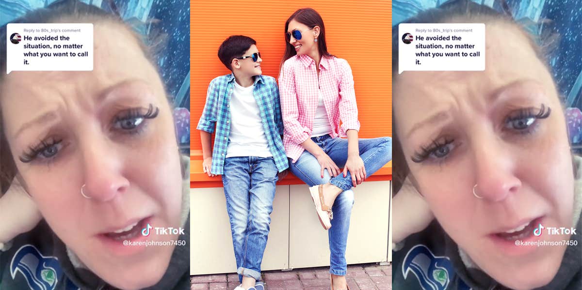 A screenshot from Karen Johnson's Tik Tok of her responding to a reply, and a photo of a mother and son wearing sunglasses and smiling together.