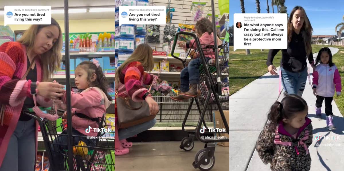 Mom Who Leashes Her Daughter's Wrists While They Are Grocery Shopping Is Called 'Overprotective' Mom leashing daughter's wrists TikTok