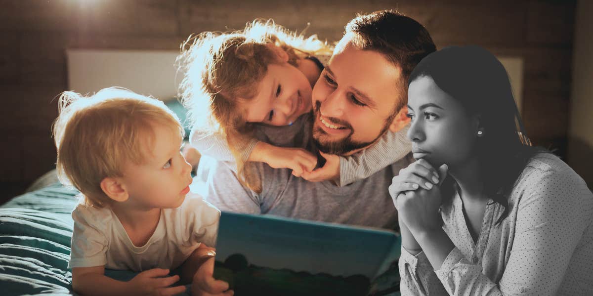 dad reading to kids, woman looking concerned
