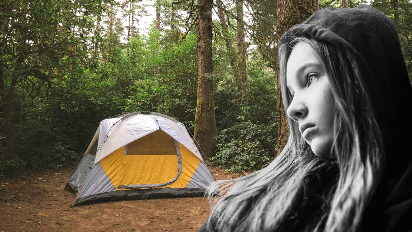 sad teen girl and tent