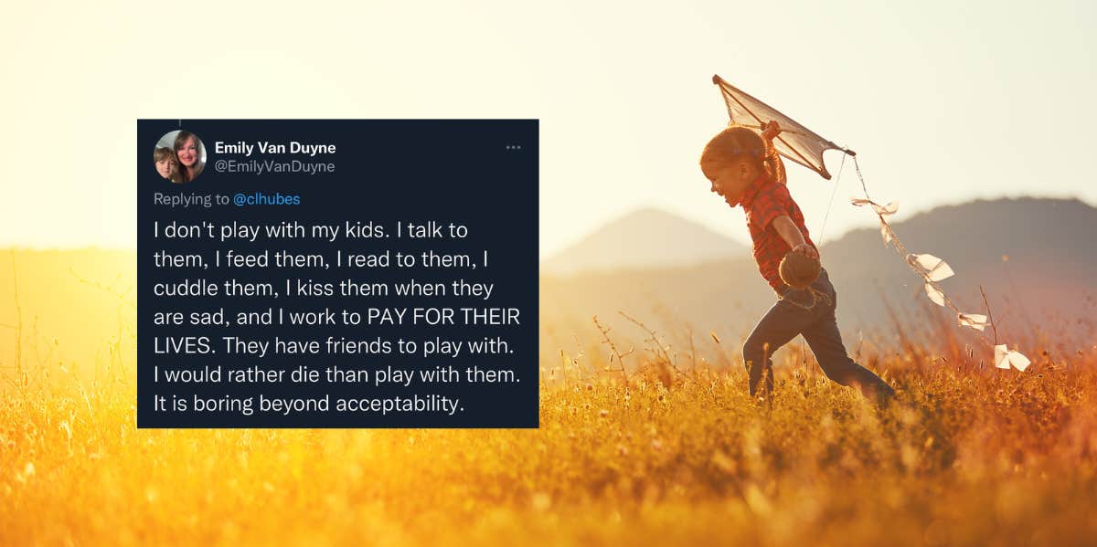 A child flying a kite in a meadow beside a screenshot of Emily Van Duyne's tweet about not wanting to play with her kids