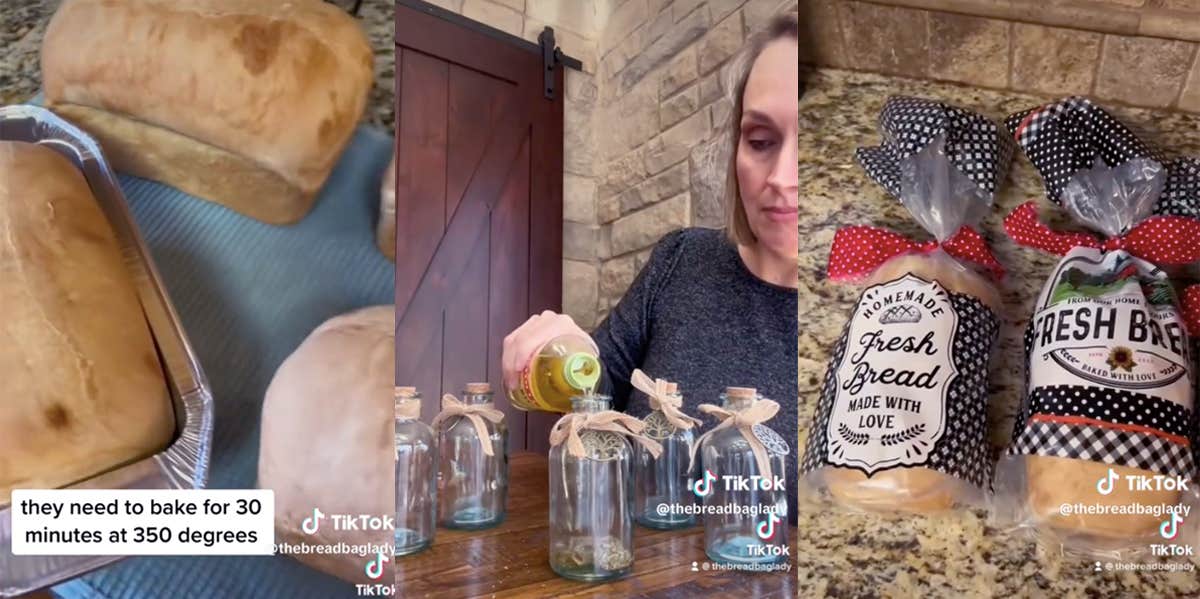 Photos from Tik Tok, showing fresh baked bread in packages, and a woman filling jars with olive oil.