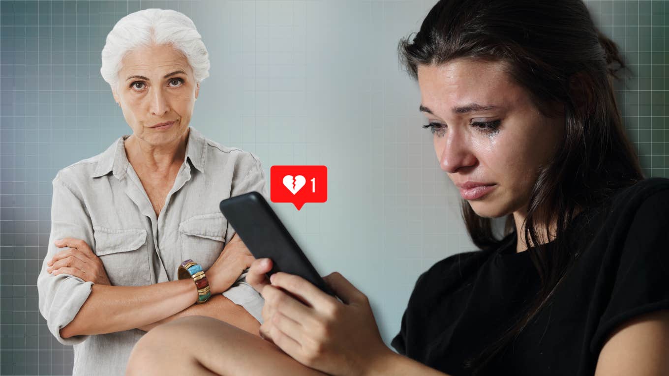 young woman crying while texting and upset older woman