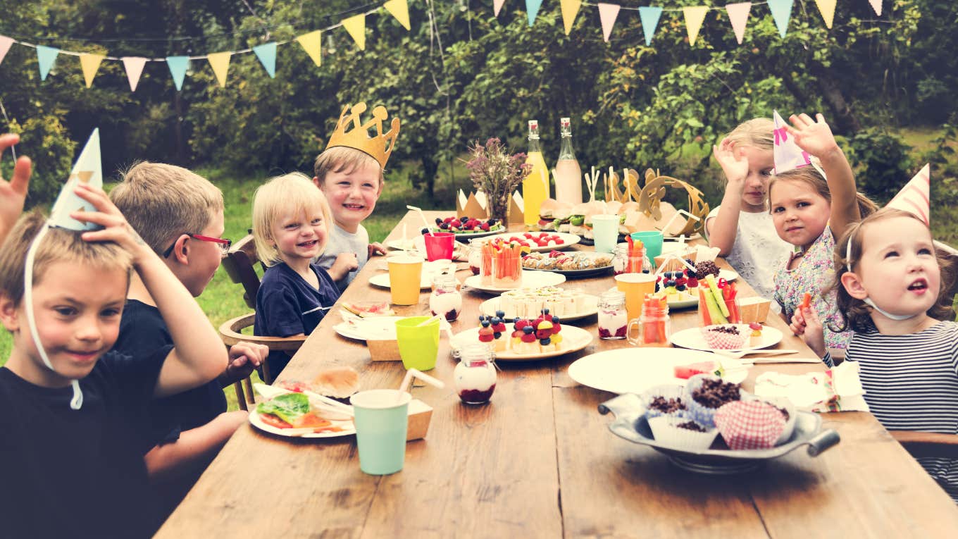 Mom Refuses To Throw Yearly Birthday Parties For Her Daughter kids sitting around table with birthday hats at party