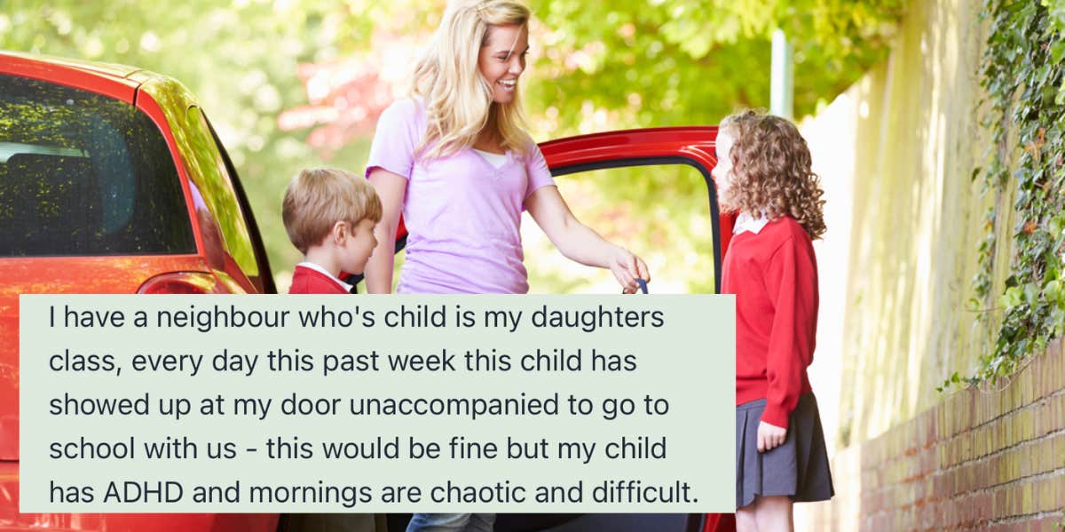 mom, neighbor, school drop off 