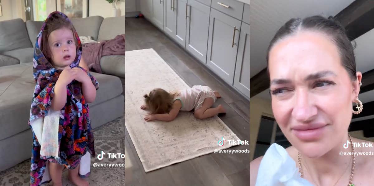 Screenshots from tiktok of mom mocking her toddler's chaotic routine