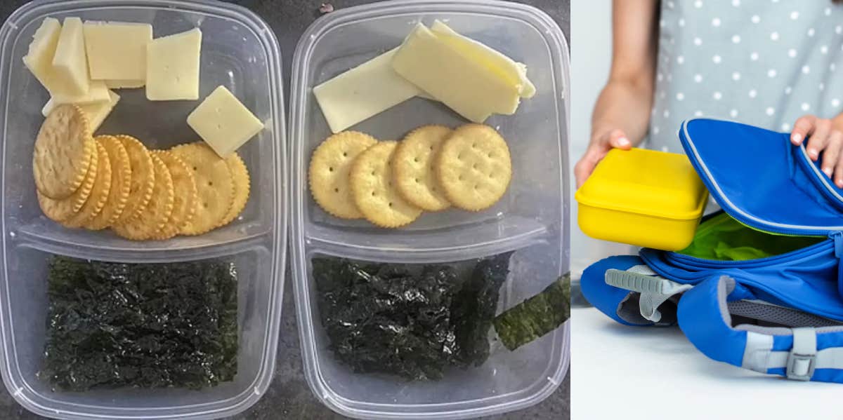 photo of lunches, seaweed, crackers, cheese, mom putting yellow plastic lunch box in child's backpack