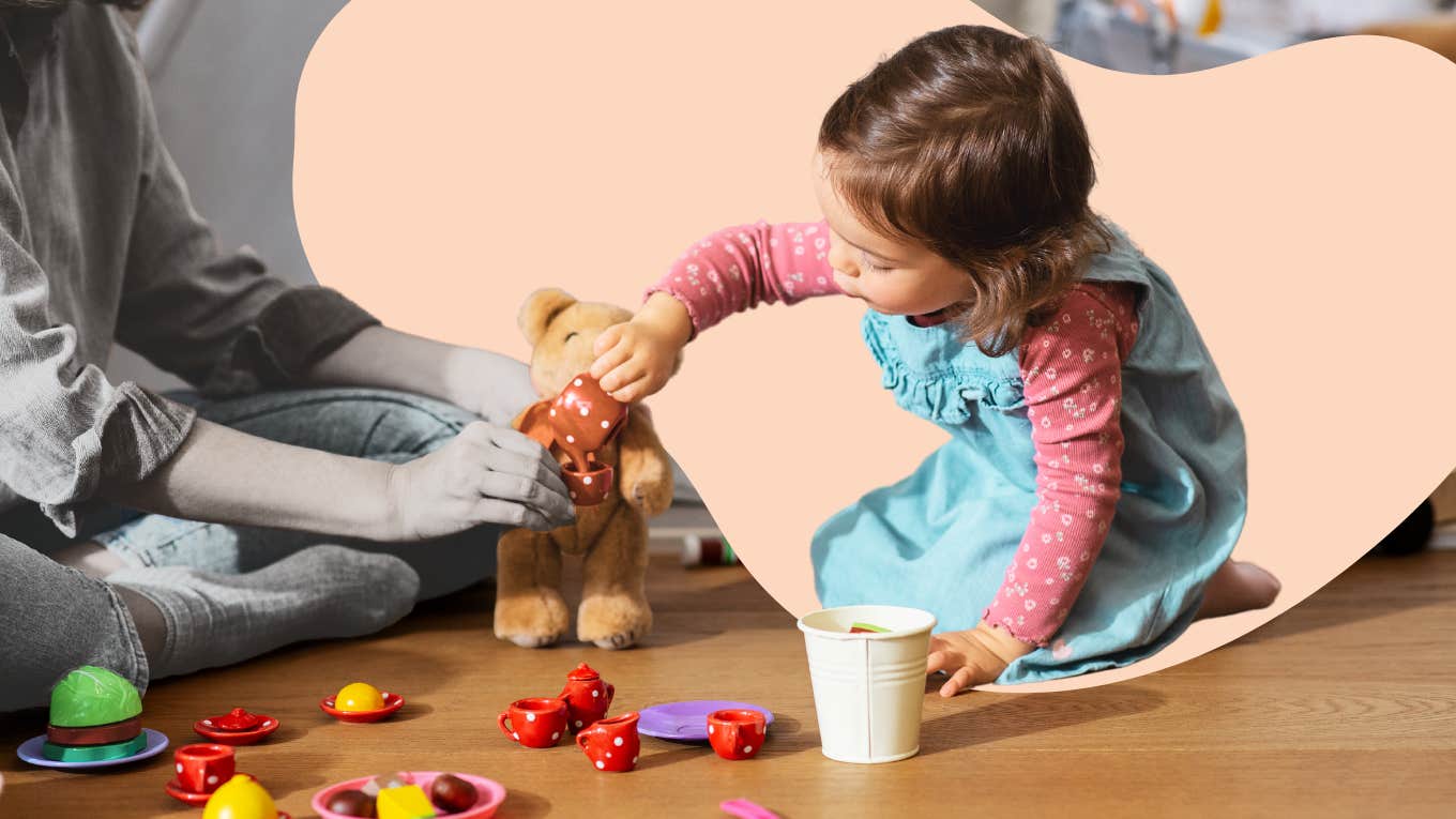 Mom Shares How She Gentle Parents Her Hitting, Spitting & Biting Toddler With Just 2 Simple Words mom engaging in pretend play with daughter