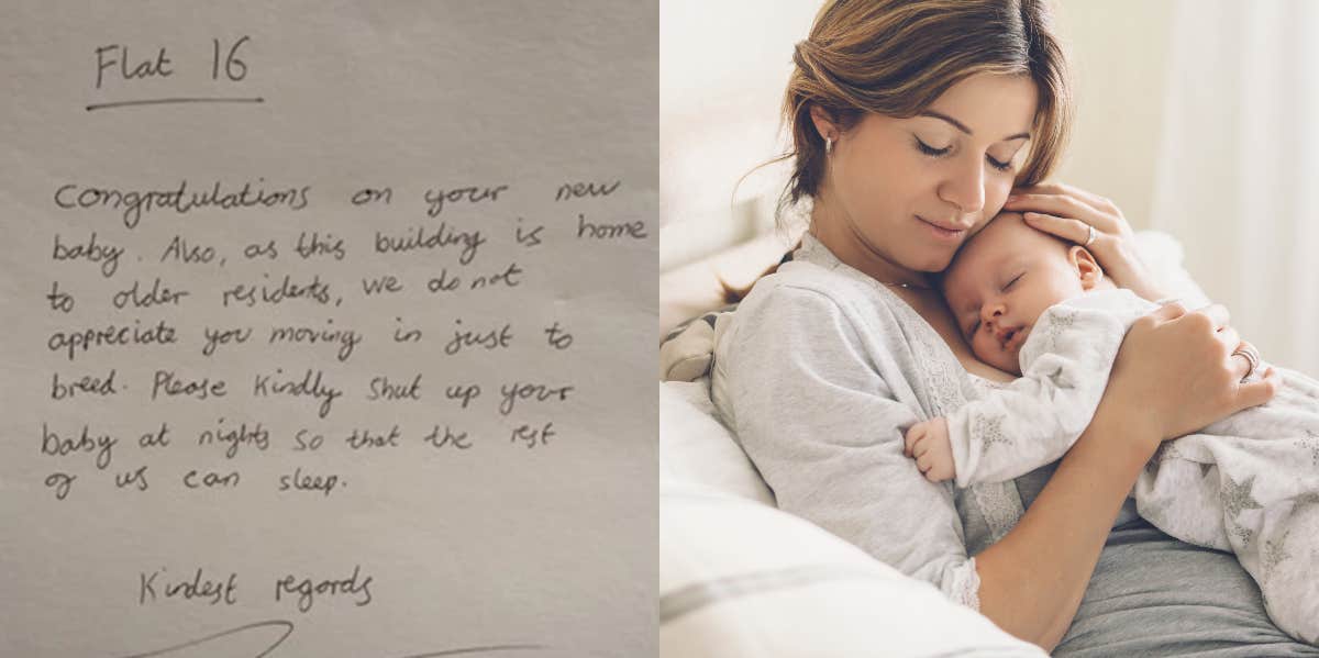 note from neighbor, mom holding newborn baby