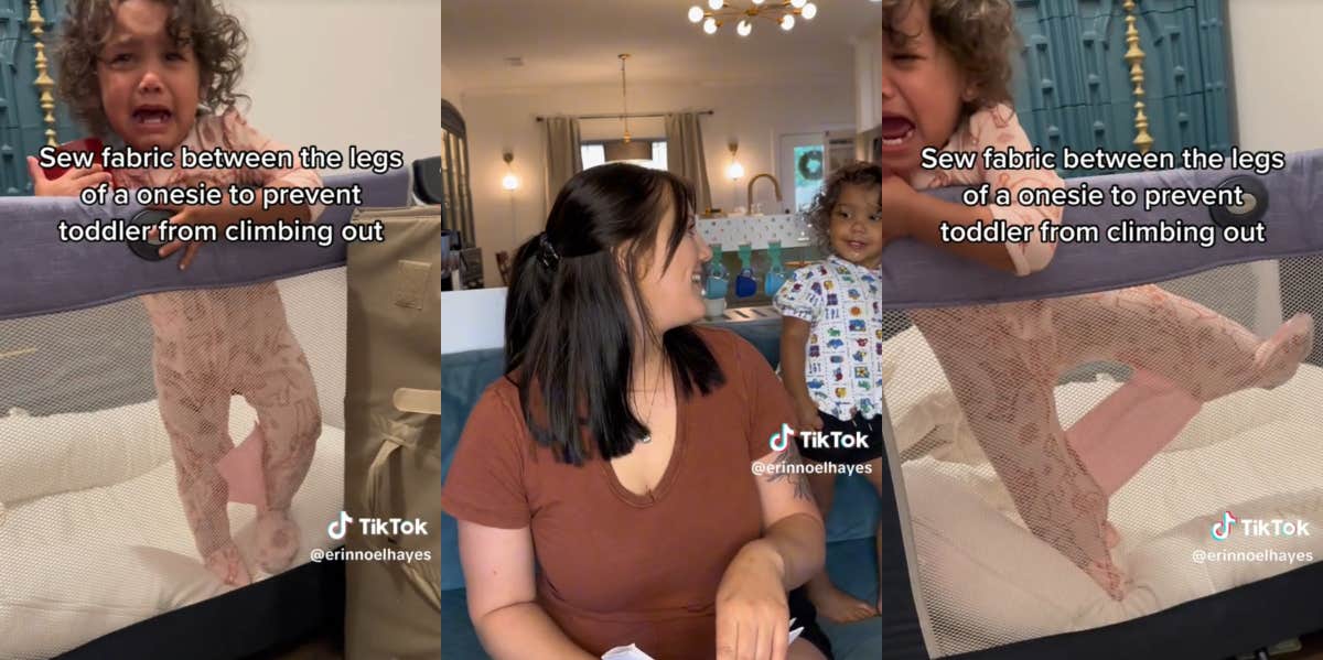 Mom Stitches Her Baby's Onesie Leg Fabrics Together To Stop Her From Climbing Out Of Her Crib Mom stitches baby's onesie TikTok
