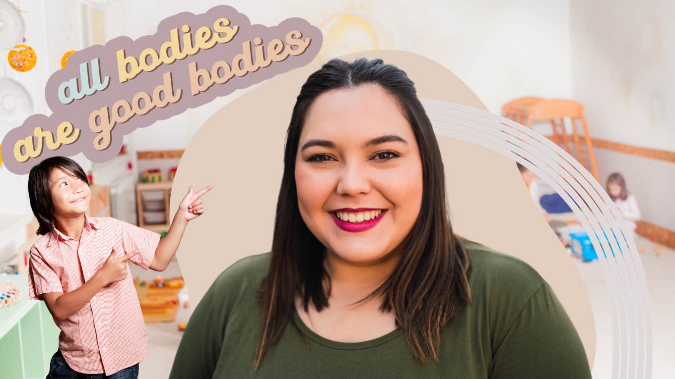 Plus size teacher, kindergartener learning all bodies are good bodies