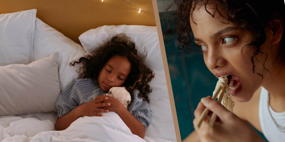 Kid sleeping, woman eating takeout