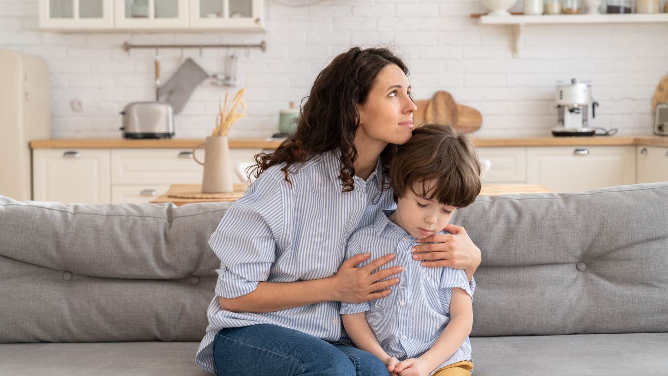 young mom showing support to unhappy offended kid.