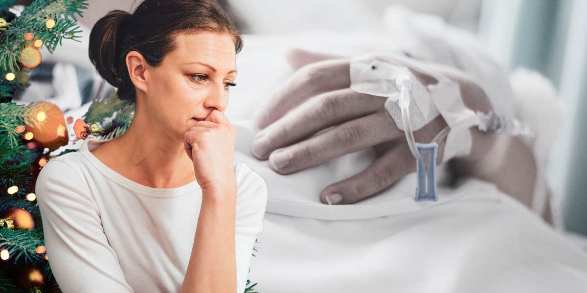 worried woman, hand in hospital bed