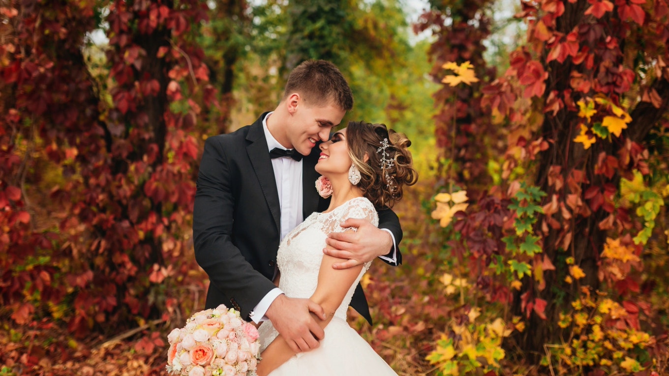 Bride and groom at fall wedding