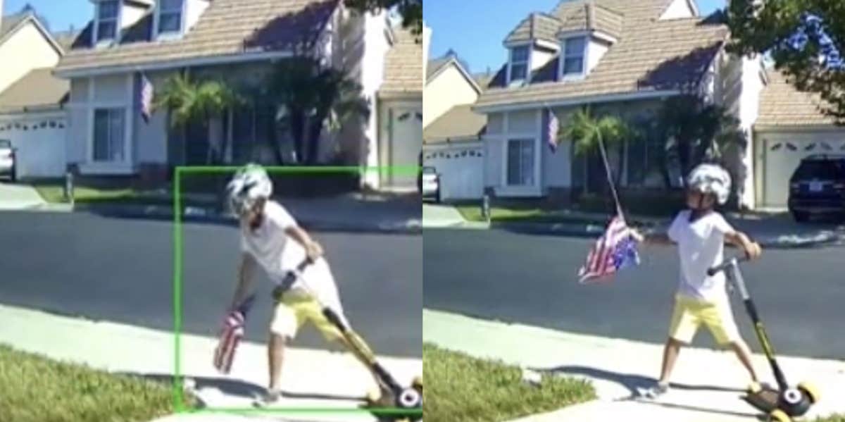 Mom Watches Son Pull Neighbor's Flag Out Of The Ground Kid on security camera pulls flag out of ground