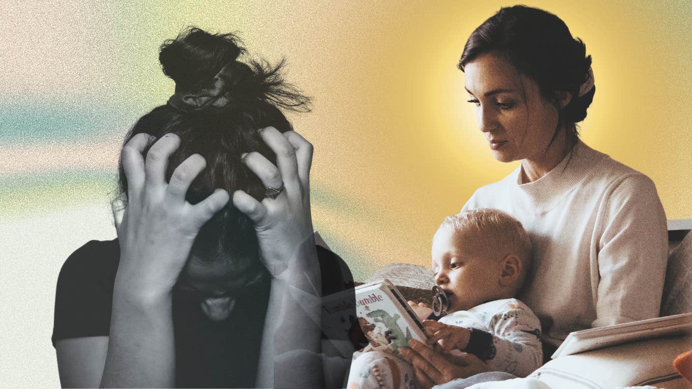 Mom Who Hated Motherhood Gives 1 Year Update frustrated woman and mom holding baby